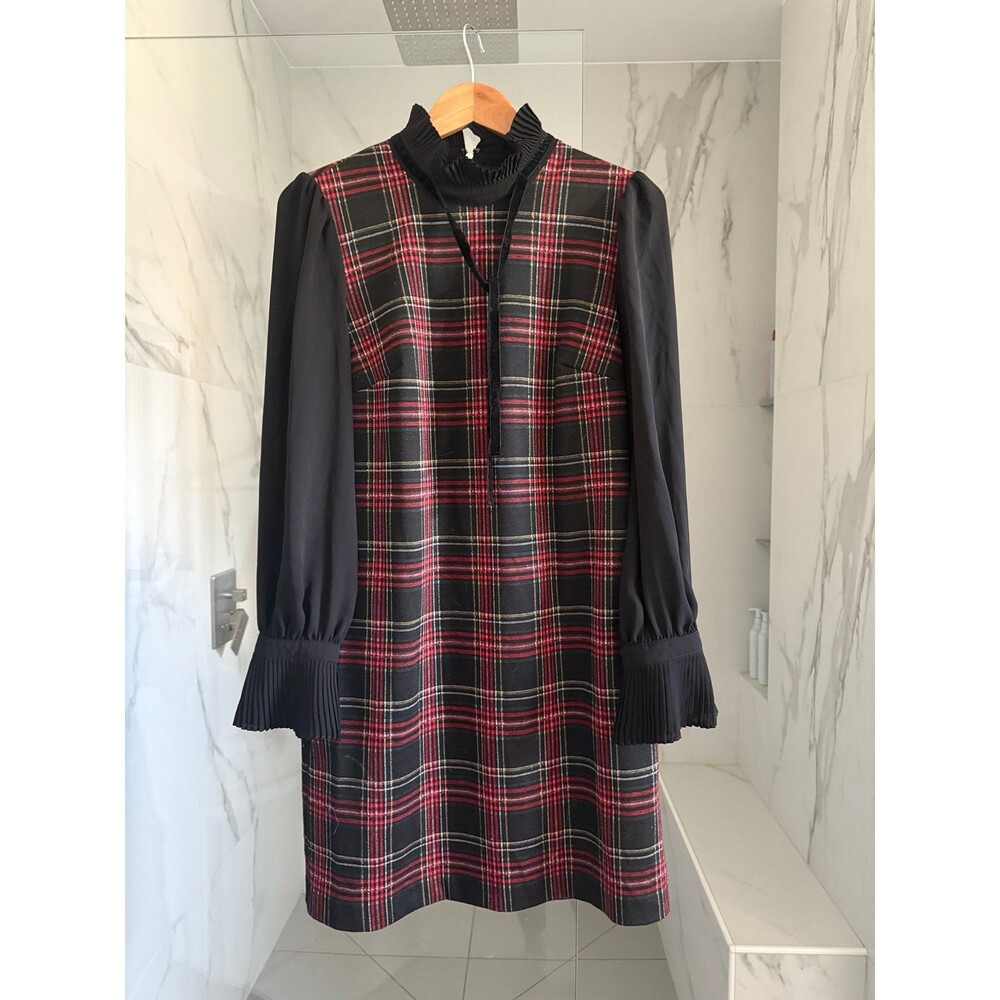 Tommy Hilfiger Long-Sleeve Tartan Plaid Dress, Chiffon Pleated Black Cuffs M